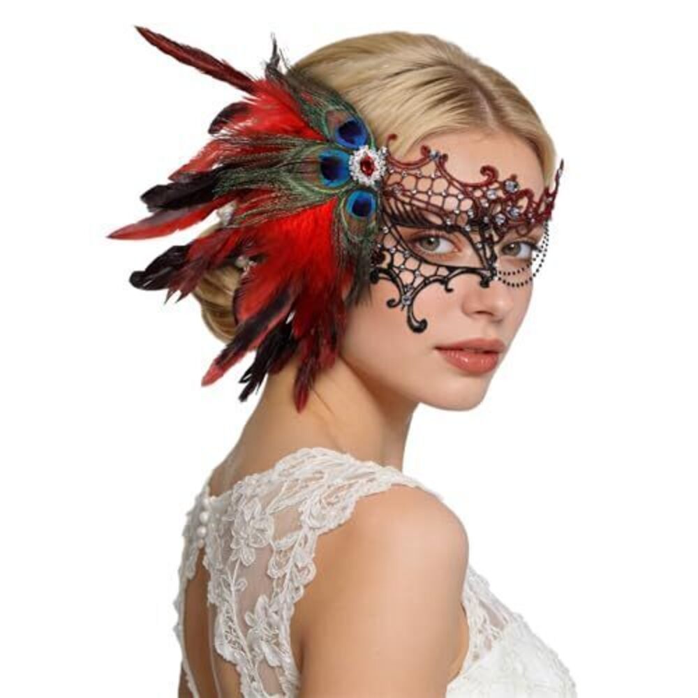 5816 Masquerade Mask , Feather Lace Mardi Gras Mask, Peacock Venetian